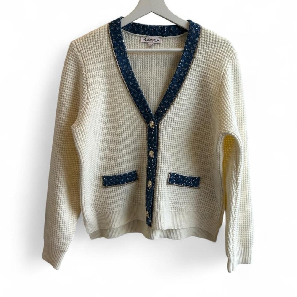 Nanette Lepore Cream and blue cardigan sequin details and gold buttons Medium